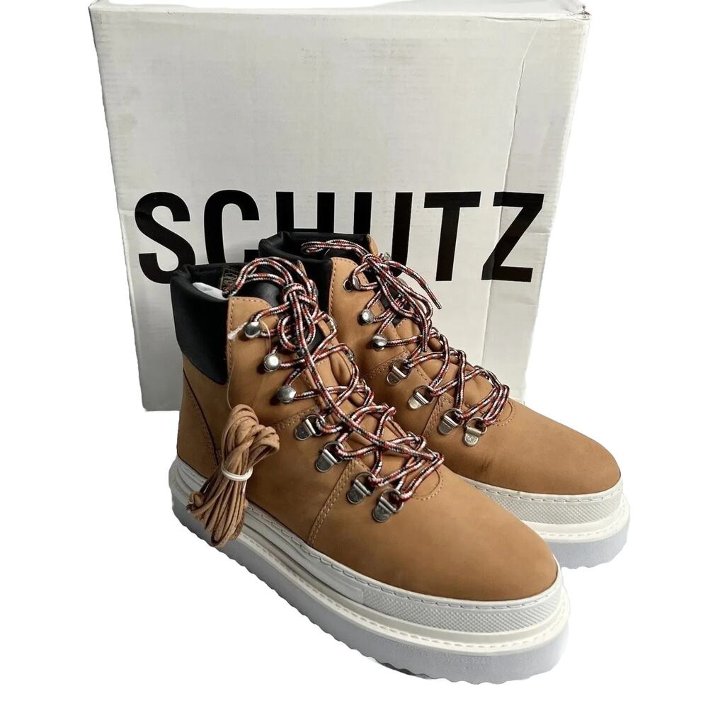 SCHUTZ Marula Women Platform Lace Up High Top Boots 9.5 B Waterproof Beige NIB